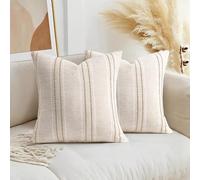 AELS 16x16 Decorative Farmhouse Linen Throw Pillow Covers, Boho Textured Pillow Case, Set of 2, Beige with White & Brown Stitch Yarn Dyed Stripe Cushion Cover for Sofa Couch Living Room (Cover ONLY)