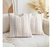 AELS 16x16 Decorative Farmhouse Linen Throw Pillow Covers, Boho Textured Pillow Case, Set of 2, Beige with White & Navy Blue Stitch Yarn Dyed Stripe Cushion Cover for Couch Living Room (Cover ONLY)