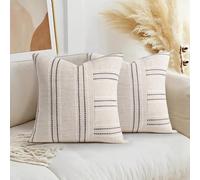 AELS 16x16 Decorative Farmhouse Linen Throw Pillow Covers, Boho Textured Pillow Case, Set of 2, Beige with White & Black Stripe Patchwork Cushion Cover for Sofa Couch Living Room (Cover ONLY)