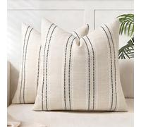 AELS 18x18 Decorative Farmhouse Linen Blend Throw Pillow Covers, Boho Textured Pillow Case, Set of 2, Beige with White & Black Stitch Yarn Dyed Stripe Cushion Cover for Sofa Living Room (Cover O