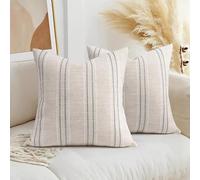 AELS 18x18 Decorative Farmhouse Linen Throw Pillow Covers, Boho Textured Pillow Case, Set of 2, Beige with White & Gray Stitch Yarn Dyed Stripe Cushion Cover for Sofa Couch Living Room (Cover ONLY)