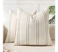 AELS 18x18 Decorative Farmhouse Linen Throw Pillow Covers, Boho Textured Pillow Case, Set of 2, Beige with White & Gray Stitch Yarn Dyed Stripe Cushion Cover for Sofa Couch Living Room (Cover ONLY)