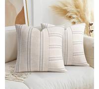 AELS 18x18 Decorative Farmhouse Linen Throw Pillow Covers, Boho Textured Pillow Case, Set of 2, Beige with White & Gray Stripe Patchwork Cushion Cover for Sofa Couch Living Room (Cover ONLY)