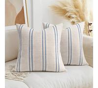 AELS 18x18 Decorative Farmhouse Linen Throw Pillow Covers, Boho Textured Pillow Case, Set of 2,Beige with White & Navy Blue Stitch Yarn Dyed Stripe Cushion Cover for Sofa Couch Living Room(Cover ONLY)