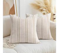 AELS 18x18 Decorative Farmhouse Linen Throw Pillow Covers, Boho Textured Pillow Case, Set of 2, Beige with White & Brown Stitch Yarn Dyed Stripe Cushion Cover for Sofa Couch Living Room (Cover ONLY)