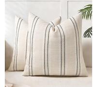AELS 20x20 Decorative Farmhouse Linen Throw Pillow Covers, Boho Textured Pillow Case, Set of 2, Beige with White & Black Stitch Yarn Dyed Stripe Cushion Cover for Sofa Couch Living Room (Cover ONLY)