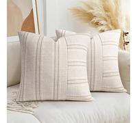 AELS 20x20 Decorative Farmhouse Linen Throw Pillow Covers, Boho Textured Pillow Case, Set of 2, Beige with White & Brown Stripe Patchwork Cushion Cover for Sofa Couch Living Room (Cover ONLY)