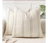 AELS 20x20 Decorative Farmhouse Linen Throw Pillow Covers, Boho Textured Pillow Case, Set of 2, Beige with White & Gray Stitch Yarn Dyed Stripe Cushion Cover for Sofa Couch Living Room (Cover ONLY)