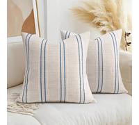 AELS 20x20 Decorative Farmhouse Linen Throw Pillow Covers, Boho Textured Pillow Case, Set of 2,Beige with White & Navy Blue Stitch Yarn Dyed Stripe Cushion Cover for Sofa Couch Living Room(Cover ONLY)