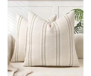 AELS 20x20 Decorative Farmhouse Linen Throw Pillow Covers, Boho Textured Pillow Case, Set of 2, Beige with White & Brown Stitch Yarn Dyed Stripe Cushion Cover for Sofa Couch Living Room (Cover ONLY)