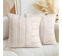 AELS 24x24 Decorative Farmhouse Linen Throw Pillow Covers, Boho Textured Pillow Case, Set of 2, Beige with White & Brown Stripe Patchwork Cushion Cover for Sofa Couch Living Room (Cover ONLY)