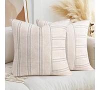 AELS 26x26 Decorative Farmhouse Linen Throw Pillow Covers, Boho Textured Pillow Case, Set of 2, Beige with White & Gray Stripe Patchwork Cushion Cover for Sofa Couch Living Room (Cover ONLY)