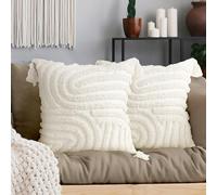 AELS Boho Decorative Textured Throw Pillow Covers with Tassels 18x18, Set of 2, Modern Abstract Mid Century Rainbow Tufted Pillow Case, Farmhouse Rustic Woven Cushion Case for Bed Couch Sofa, White