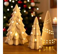 AELS Cordless Lighted Ceramic Christmas Tree, Set of 3, Matte White Tabletop Xmas Figurines Decorations with Lights for Christmas Holiday Decor, White Christmas Decorations