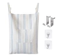 AELS Farmhouse Hanging Laundry Hamper with 2 Hooks, Boho Beige & Blue Stripes Linen Laundry Bag with Zipper & Wide Open Top, Over the Door Organizer for Dirty Clothes, Washable Space Saving Storage