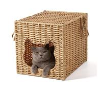 AELS Handwoven Small Cat Bed Cave for IKEA Kallax Shelf, 13"x13"x15" Rattan Cat House for Indoor Cats Kittens and Small Pets with Removable Double-Sided Soft Cushion Pad, Pet Cube Hideaway Bed Natural