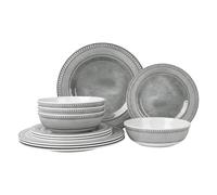 AELS Melamine Dinnerware Set of 12 Pcs, Dinner Dishes Set for Indoor and Outdoor Use, Melamine Plates and Bowls Set for 4, Dishwasher Safe, Lightweight Unbreakable, BPA Free, Gray