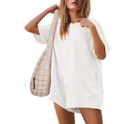 AELSON Rompers For Women Oversized Hot Shot Tee Romper Casual Backless V Neck Workout Jumpsuits with Pockets, White, S