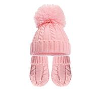Aelstores Baby Knitted Pom Pom Hat & Mitten Set Boys Girls Winter Bobble Warm Beanie Hats Cable Knit Mittens for Boy Girl Newborn - 12 Months Baby Pink Set Newborn - 12 Months