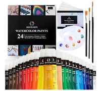 AEM Watercolor Paint Set - Washable Water Color Painting for Kids, Beginners, Art Students, Adults - Art Supplies Kit 24 Water Coloring Paint Tubes, Brush Set, Paper & Palette/Pan for Water Colors