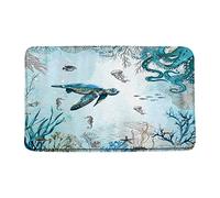AEMBEE Nautical Bath Mat Ocean Turtle Octopus Tentacle Seahorse Tellyfish Fish Beach Coral Reef Shell Sea Life Watercolor Bathroom Mat Rug Memory Foam Doormat,17.8x29.5 Inch