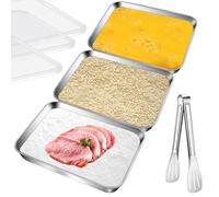 Aemygo 3 Set Stainless Steel Breading Trays Set with Lids, Dust Proof Breading Pans with Tong for Dredging Chicken Breasts，Marinating Meat, Food Prep Trays Oven & Dishwasher Safe