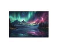 AEMYSKA Rustic Northern Lights Bedroom Decor Wall Art Modern Snowy Mountain Forest Green Light Canvas Print Framed Painting Artwork for Living Room Office Unframed Poster 08" Wx12 L(20x30cm)
