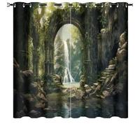 AEMYSKA Rustic Waterfall Cave Blackout Grommet Curtains for Bedroom Forest Plants Pond Landscape Thermal Insulated Drapes Room Darkening Light Blocking Curtains 84x84in