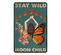 Aenaon Girl Butterfly Flower and Moon Stay Wild Moon Child Wall Decor Vintage Retro Metal Tin Signs Home Bar Patio Cave Wall Vintage Decor Novelty Sign 5.5x8 Inches
