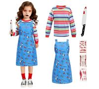 AENEY 3PCS Girls Chucky Costume, Blue Evil Killer Doll Dungaree Dress Striped Top Outfit with Scary Mask Knife Props, Halloween Party Cosplay (Medium, 130cm)