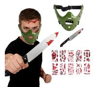 AENEY 3PCS Hannibal Lecter Horror Killer Mask with Knife Tattoo Stickers Scary Halloween Silence Lambs Cosplay Half Face Props (Green)