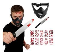 AENEY 3PCS Hannibal Lecter Horror Killer Mask with Knife Tattoo Stickers Scary Halloween Silence Lambs Cosplay Half Face Props (Black)