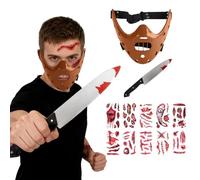 AENEY 3PCS Hannibal Lecter Horror Killer Mask with Knife Tattoo Stickers Scary Halloween Silence Lambs Cosplay Half Face Props (Brown)