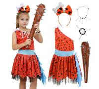 AENEY 5PCS Girls Pebbles Flintstone Costume Caveman Cosplay Dress with Necklace Inflatable Club Stick for Halloween Party (Large-140)
