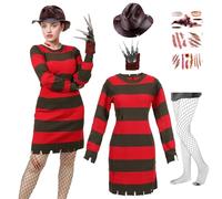 AENEY 7PCS Women Freddy Freddy Costume Sweater Killer Dress Striped Jumper with Hat Gloves Tattoo Stickers Halloween Cosplay (Large)