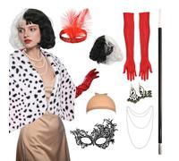 AENEY 9PCS Deville Costume Women, 101 Dalmatian Shawl with Wig Cape Props, Fancy Halloween Villain Cosplay Outfits Dress Up