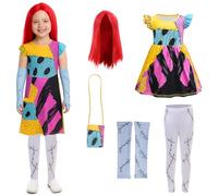 AENEY Girls Sally Nightmare-Before Christmas Costume, 5PCS Fancy Dress Outfits with Red Wig Bag Sleeves Leggings for Halloween (Medium,6-7 Years)
