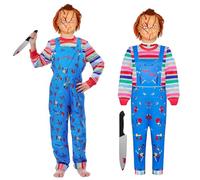 AENEY Kids Evil Killer Costume, Blue Dungaree Jumpsuit Striped Top Outfit with Scary Mask Knife Props, Halloween Party Cosplay (9-10 Years/ 150CM)