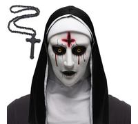 AENEY Scary Nun Full Head Mask with Cross Necklace Headpiece Black