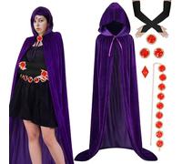 AENEY Teen Titans Raven Cosplay Costume, 7-Piece Purple Raven Anime Cape with Hood and Red Gemstone Belt, Long Gloves, Costume for Adult Women (Small -130 cm)