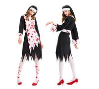 AENEY Women Bloody Nun Costume, 3PCS Halloween Scary Zombie Dress with Headpiece Stockings, Fancy Party Cosplay Accessories (Medium)