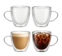 Aenmido 4x250ml Double Walled Glass, Coffee Mugs with Handle,Cappuccino Mugs,Insulated Drinking Cups,Clear Glass Mugs for Latte, Americano,Hot Drinks Tea Milk Juice Ice Cream