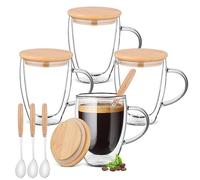 Aenmido Double Walled Glass Coffee Mugs,4 Pack Coffee Cups with Bamboo Lid/Spoon,12 OZ Borosilicate Glassware for Ice Coffee/Hot Beverages/Tea/Cappuccino/Latte