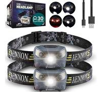 AENNON Rechargeable Head Torch (2 Pack) - 220 Lumens -, 30 Hour Battery - LED Waterproof Headlamp for Camping, Running, Hiking - 150m Vision Head Lights for Head