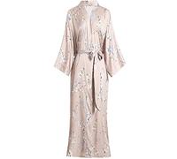 Aensso long silk kimono robes for women, lightweight & soft floral bridal robe - beige - One Size