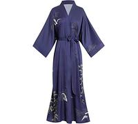 Aensso long silky kimono robes for women, lightweight & soft floral bridal robe, Blue Birds, One Size