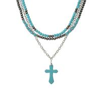 Aenu Boho Multi Strand Turquoise Pearl Beads Necklace Layered Silver Chain Cross Pendant Necklaces Handmade Beaded Choker for Western Style Statement Jewelry, L, Puka Shell, No Gemstone