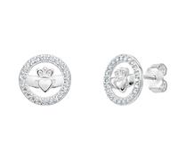 Aeon Claddagh Earrings - Irish Celtic Jewellery | 925 Sterling Silver | Gift Box & Polishing Cloth Included (Silver & Cubic Zirconia)