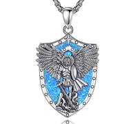 AEONSLOVE 925 Sterling Silver St Michael Pendant Necklace for Men Women, Archangel Saint Michael Medal with Blue Opal Religious Jewelry Gift