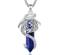AEONSLOVE - Healing Crystal Dragon Necklace for Women Men Malachite/Obsidian/Lapis Lazuli Crystal Pendant Spiritual Jewelry Dragon Gifts Steel Box Chain, Copper, Lapis Lazuli